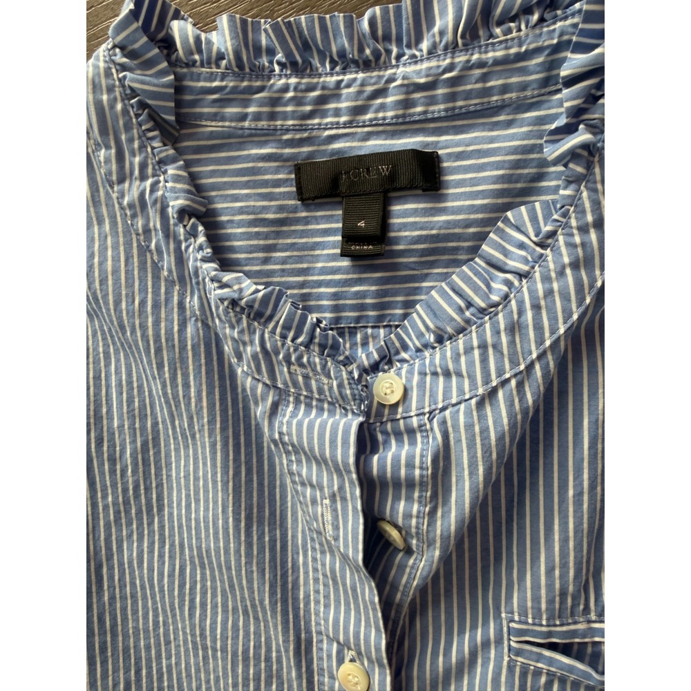 J.Crew Womens Blue White Striped Ruffle Trim Short Sleeve Button Up Top Size 4 - Picture 2 of 5